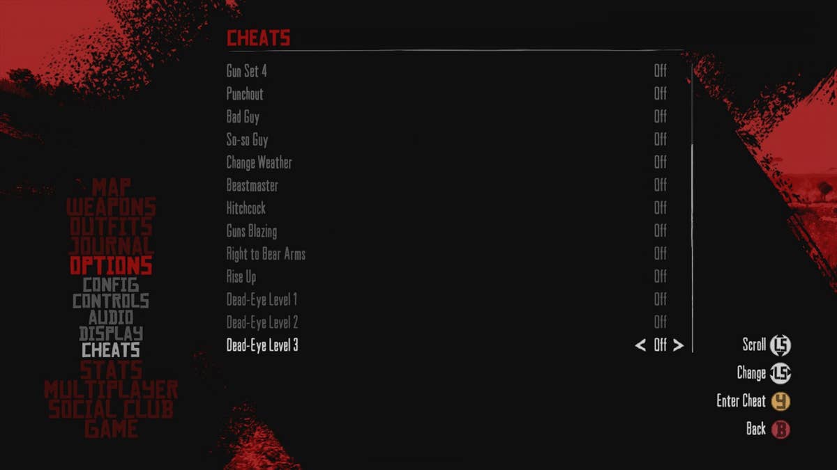 red dead 2 cheat list