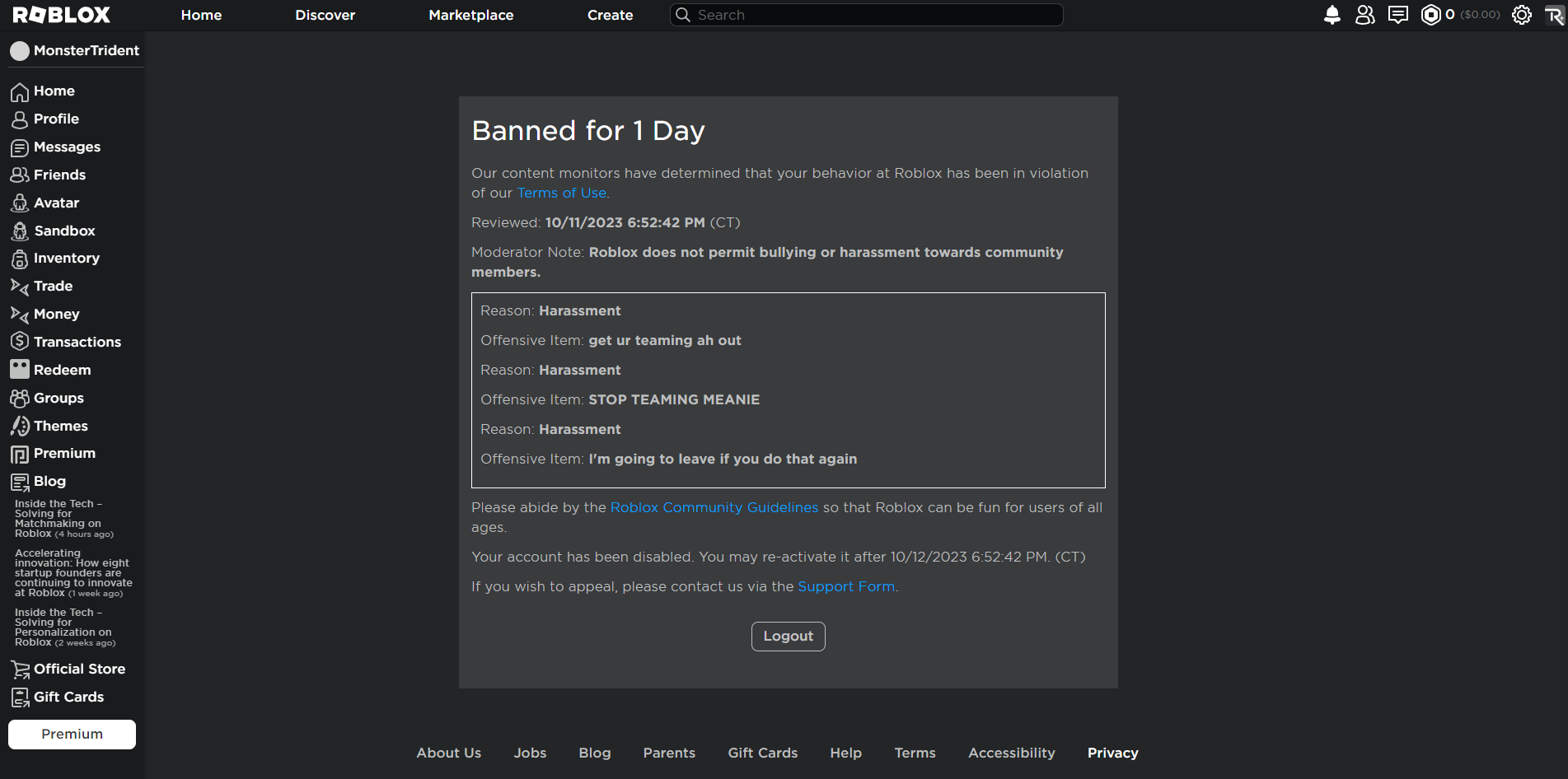 how many time can you get banned on roblox