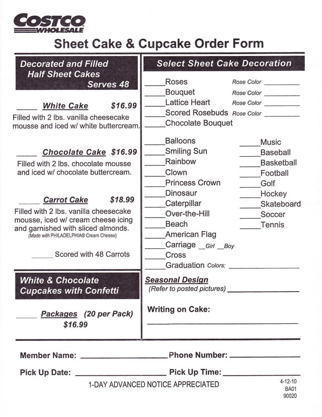 costco sheet cake order form