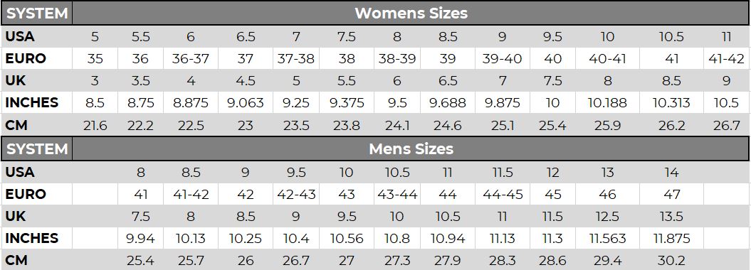 w lane size chart