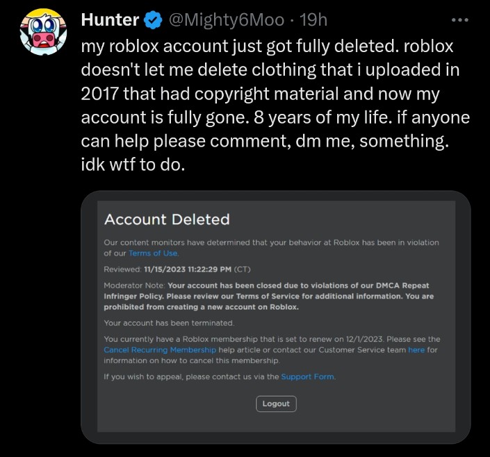 roblox account deletion