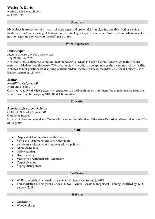 cleaning resume samples