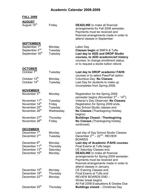 tufts academic calendar