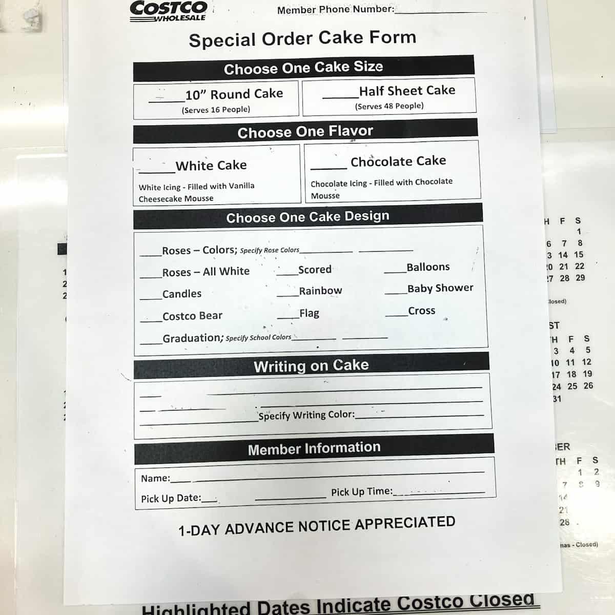 costco cake measurements