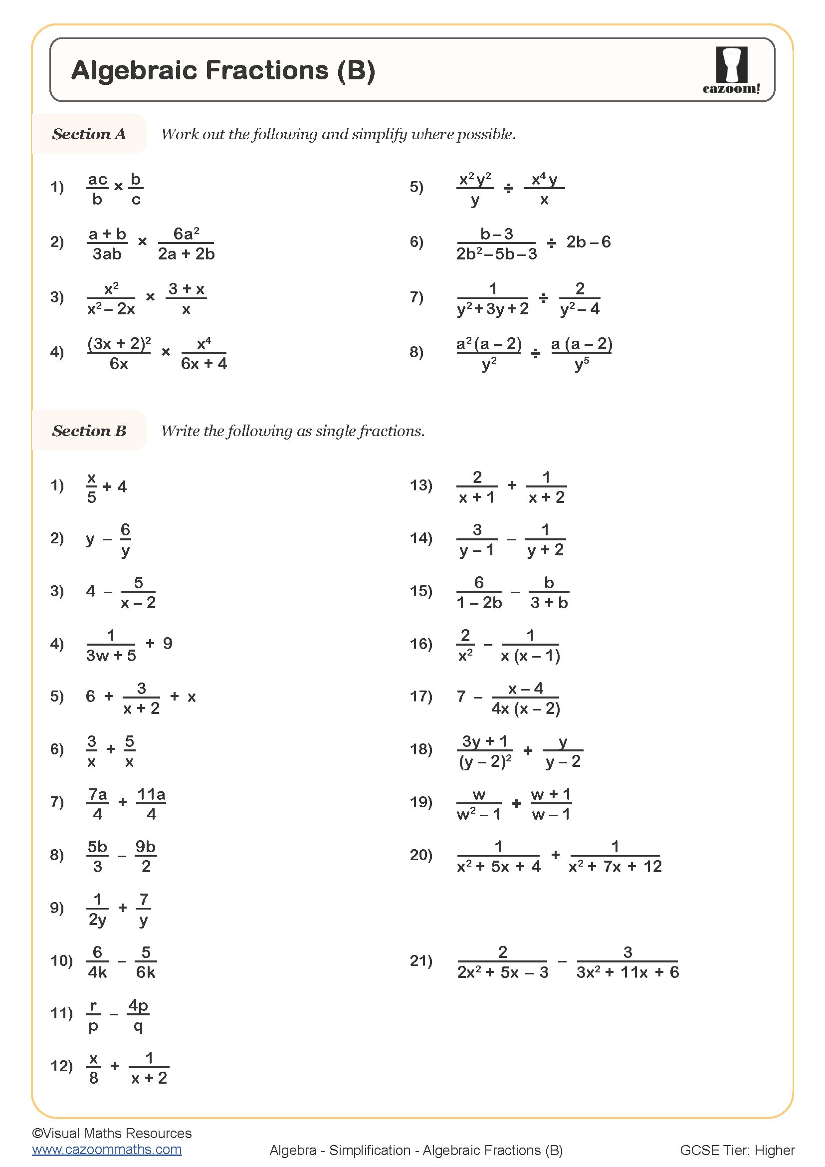 solving algebraic fractions worksheet