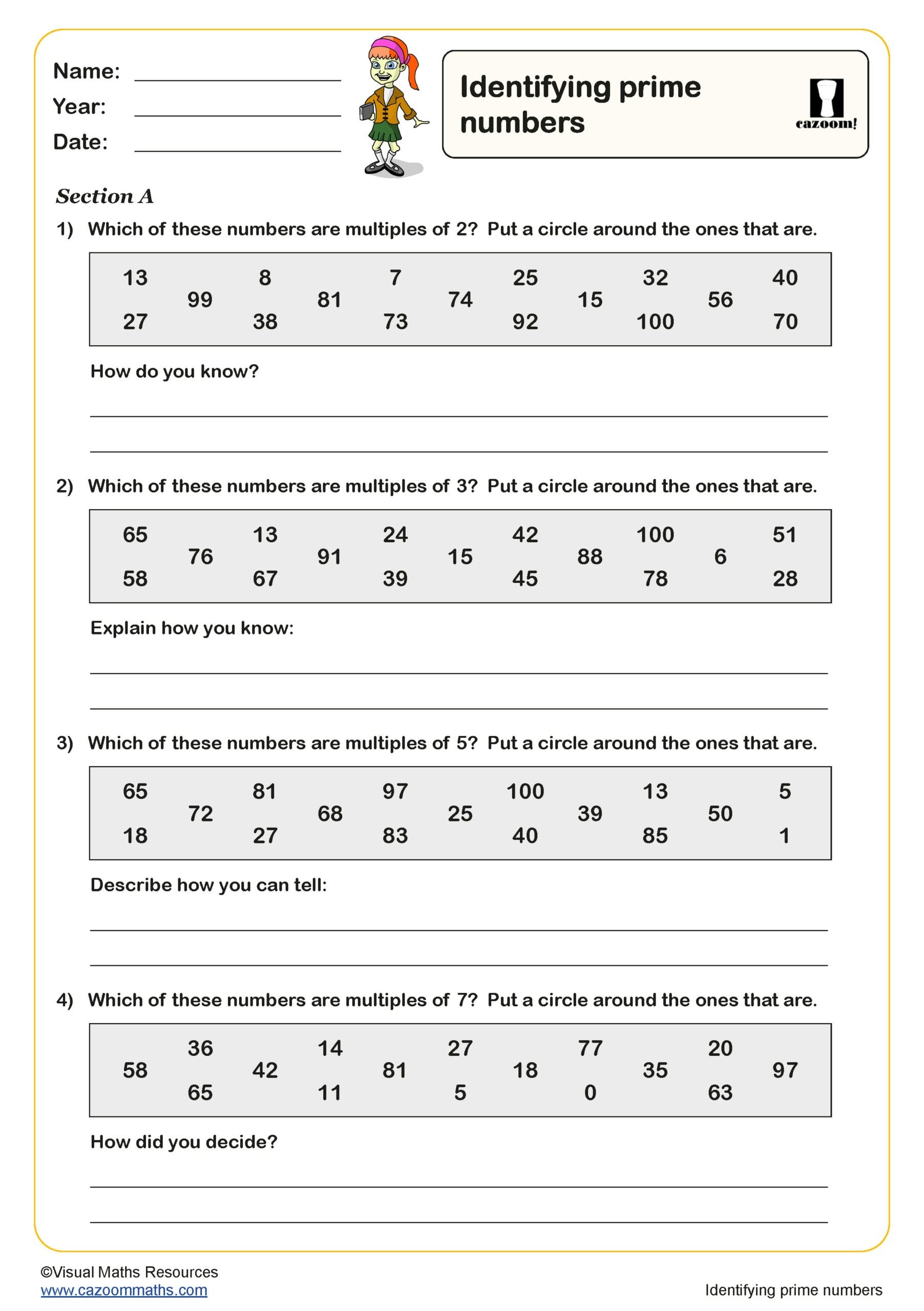 worksheet prime numbers