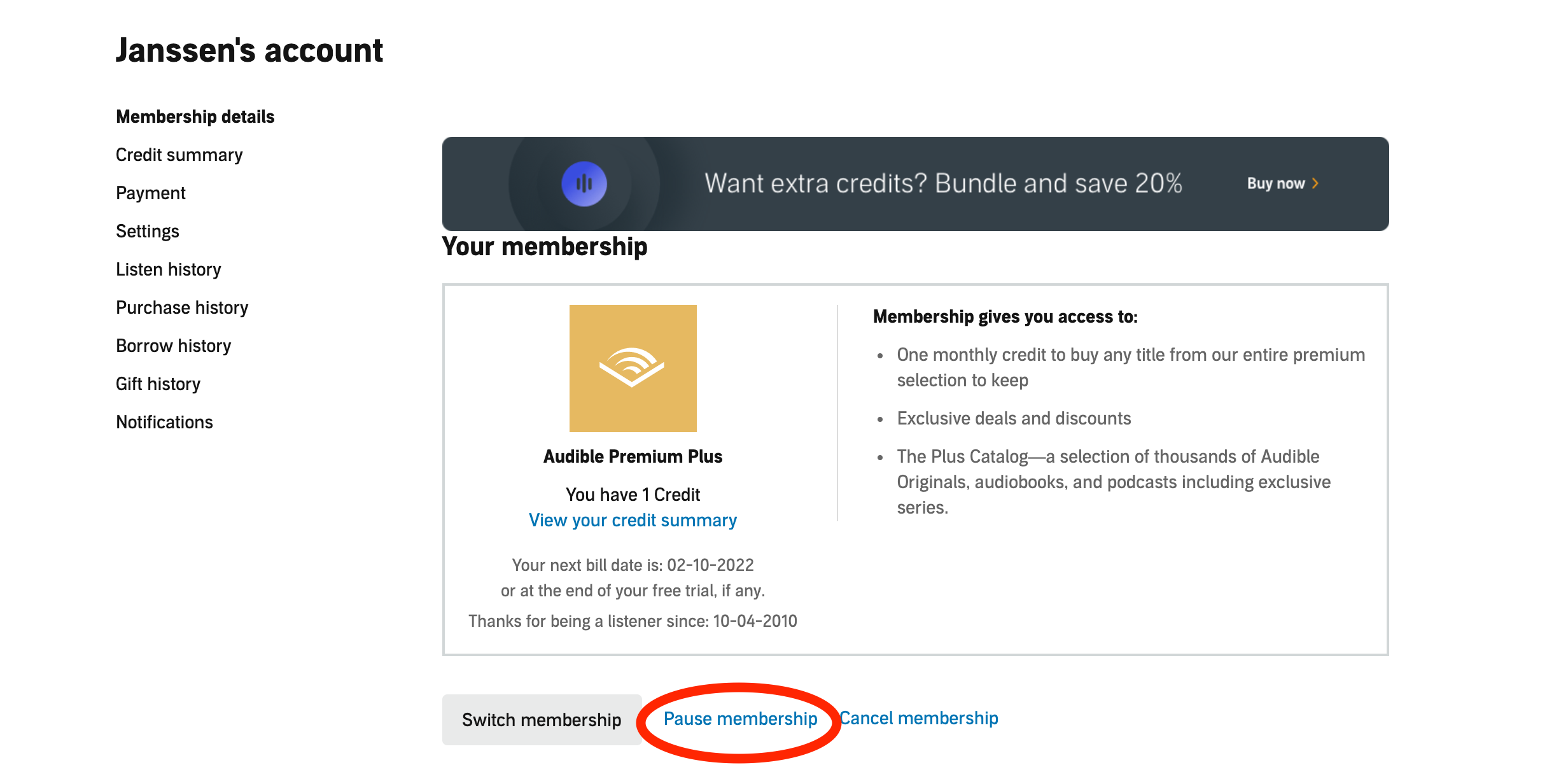 how to pause audible membership