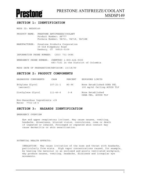 prestone antifreeze ingredients