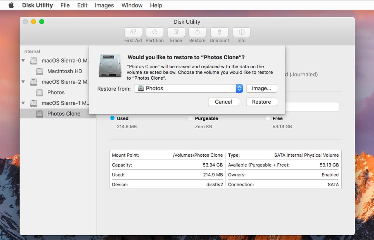 disk utility restore