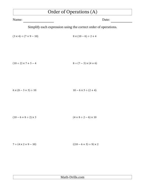 5th grade orders of operation worksheet