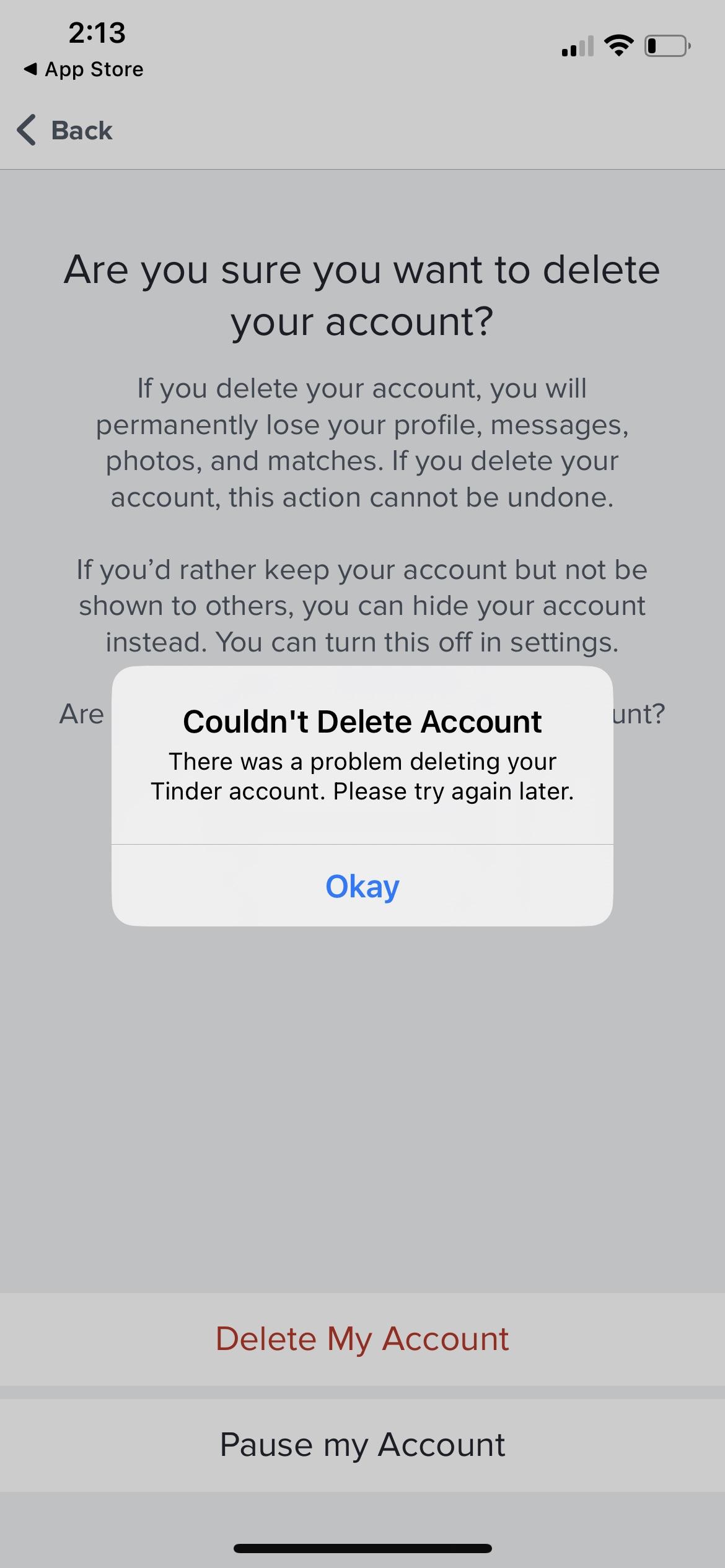 why wont tinder let me delete my account