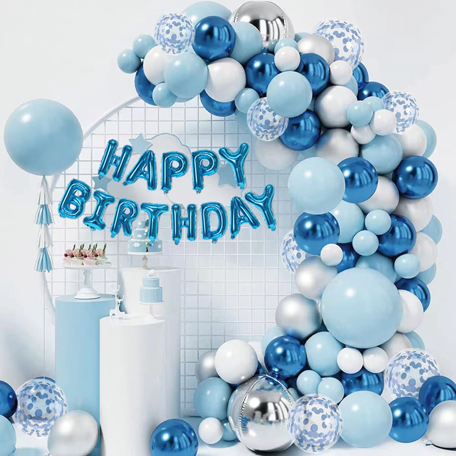 blue and white balloon garland