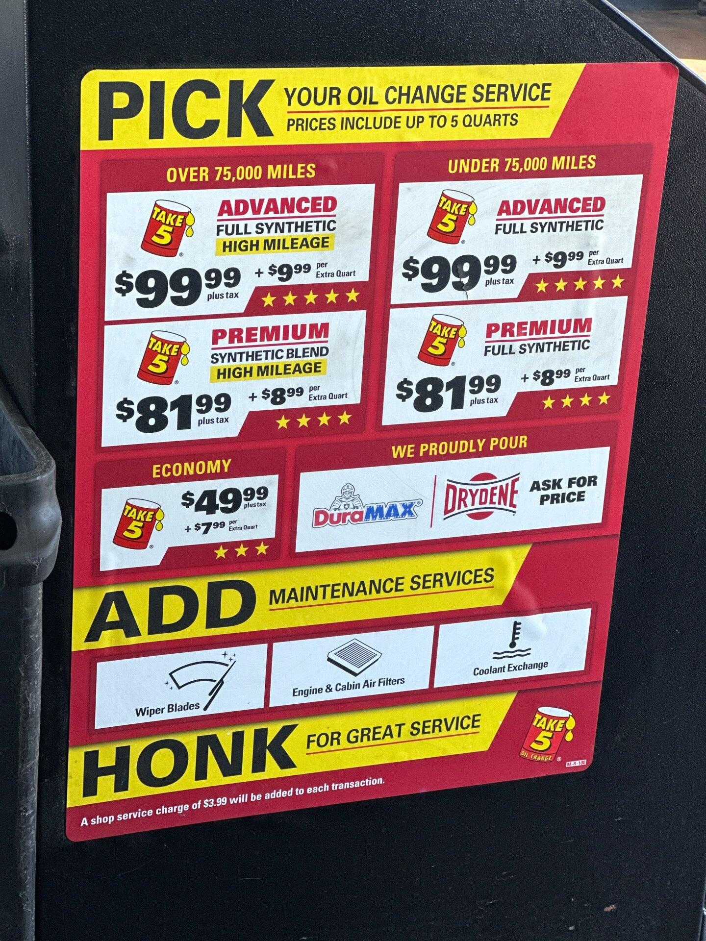 take 5 oil change price