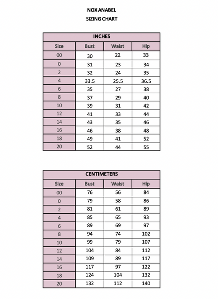 nox anabel size chart