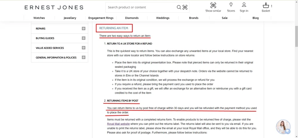 ernest jones refund policy