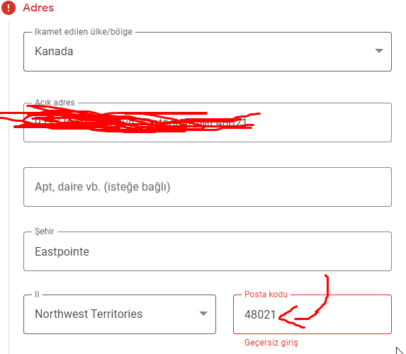 incorrectly formatted postal code