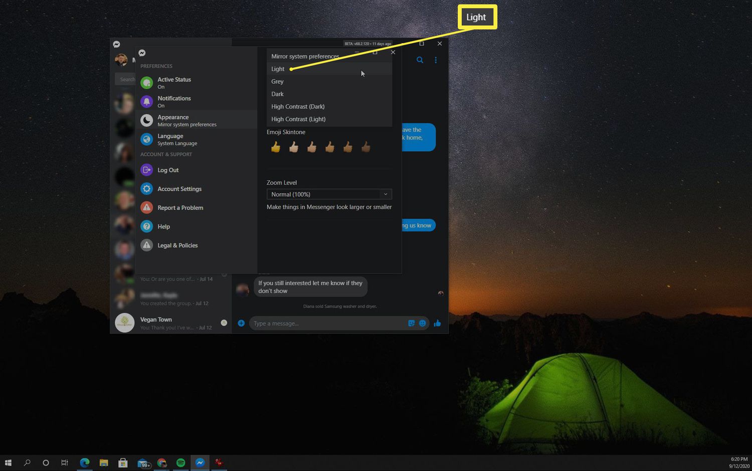 messenger dark mode chrome