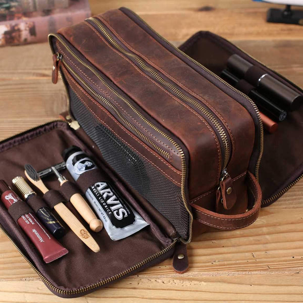 mens leather toiletry bag personalized