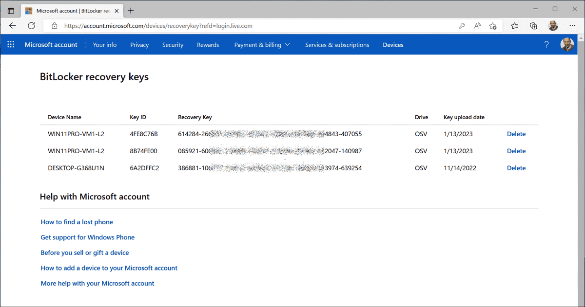 https account microsoft com devices recoverykey