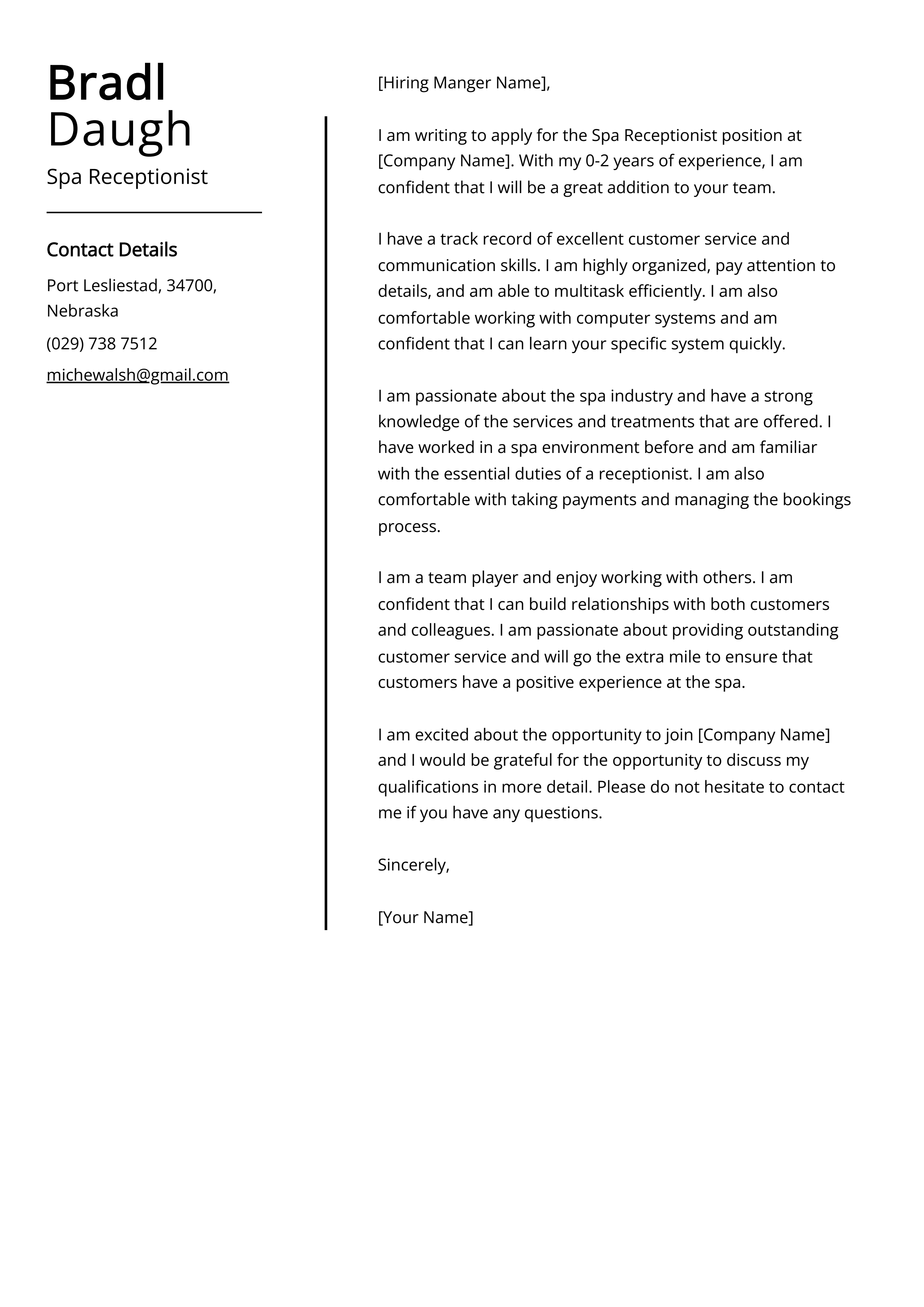 receptionist cover letter no experience