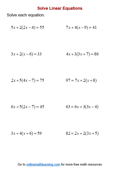 simple linear equations worksheet pdf