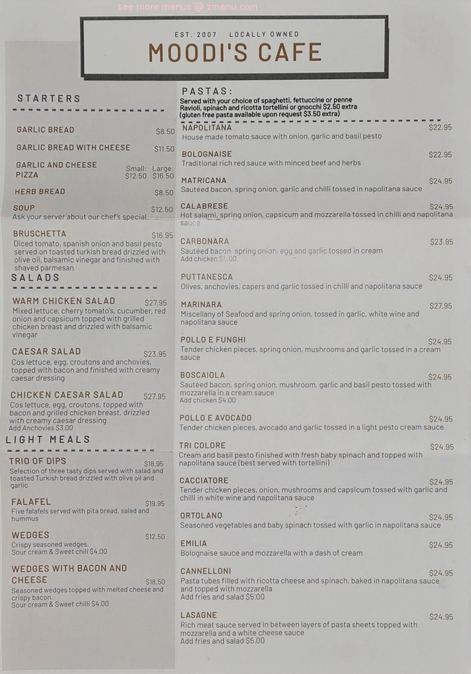 moodis cafe menu