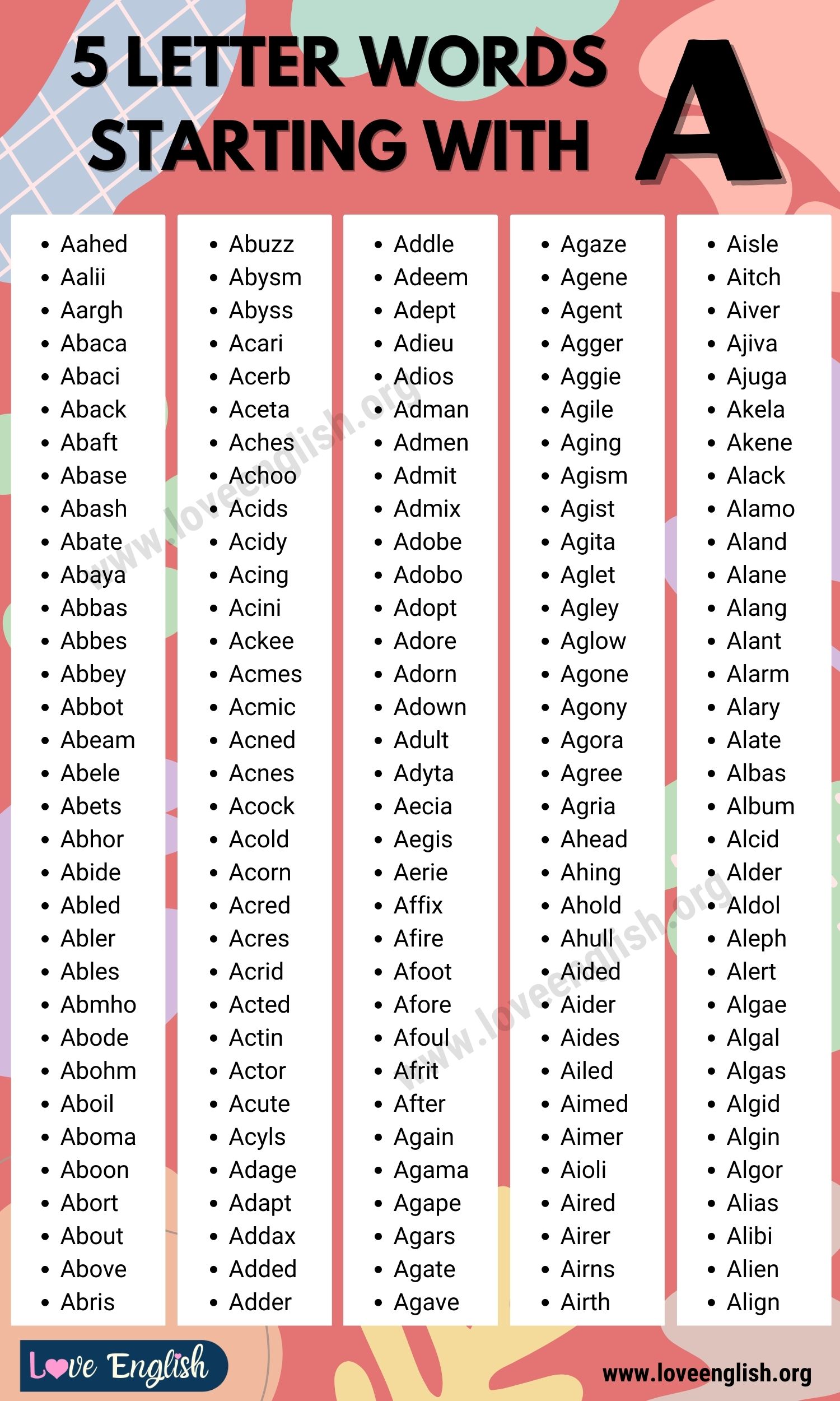 5 letter words starting with a