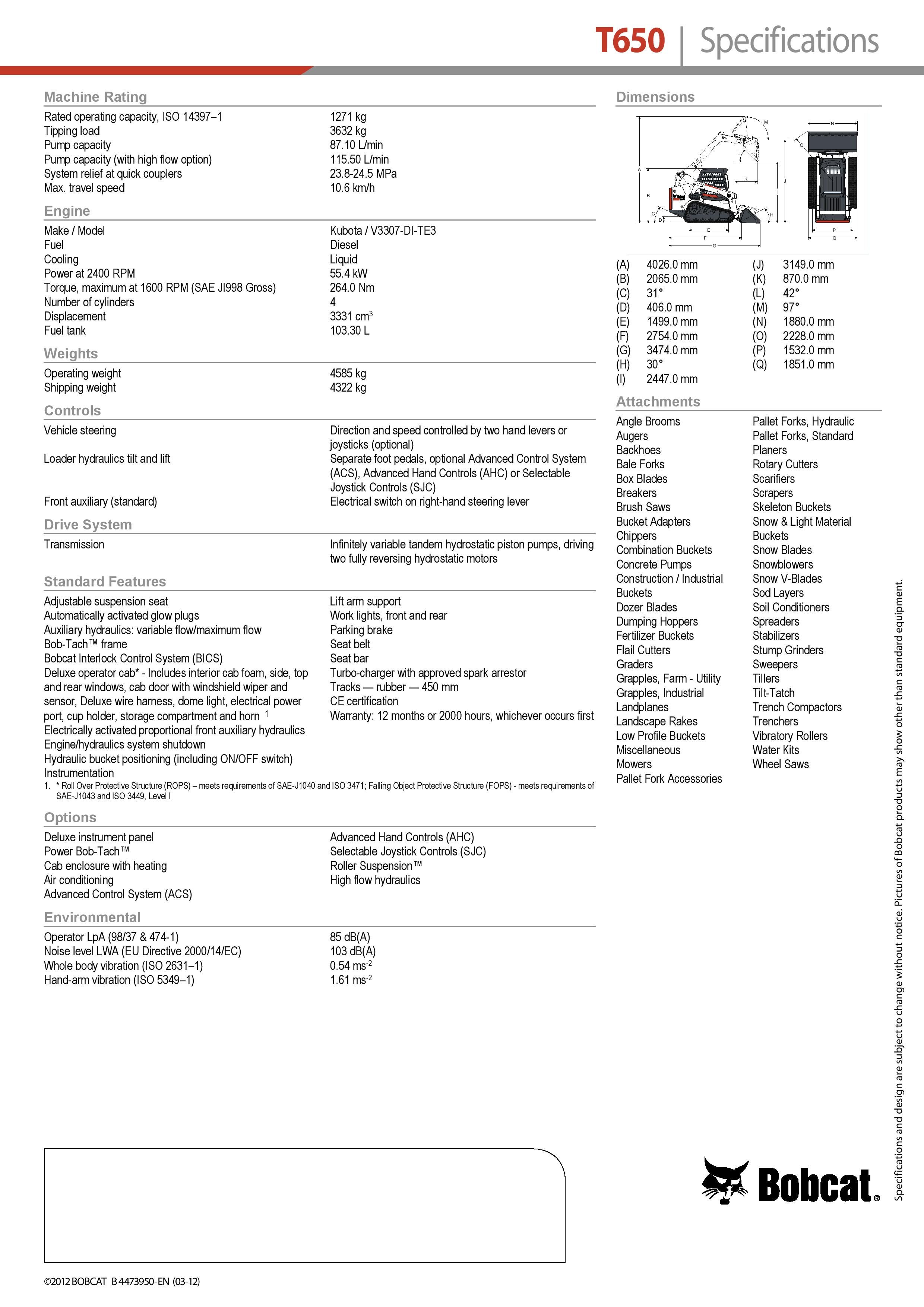 bobcat t650 specifications