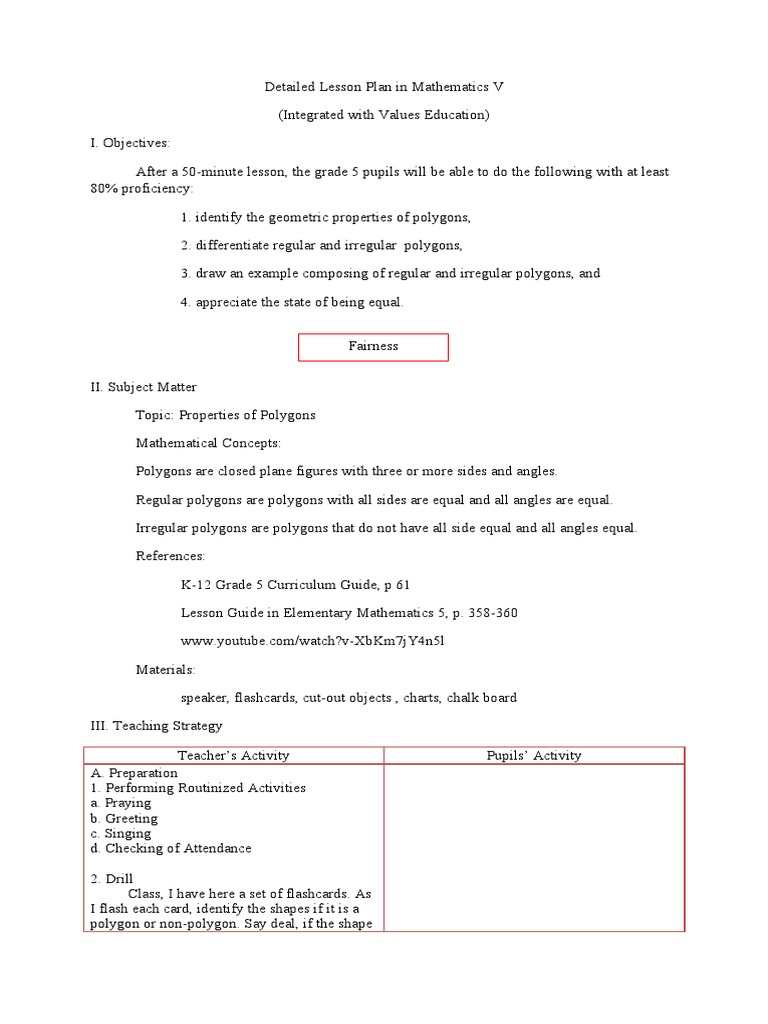 detailed lesson plan about polygons