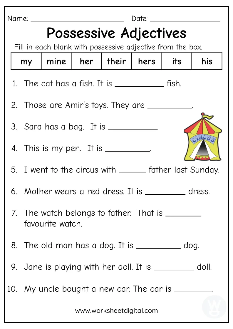 possessive adjective worksheet for grade 1