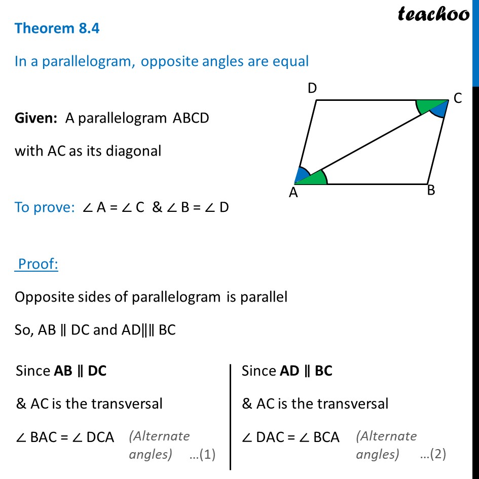 in a parallelogram opposite angles are equal