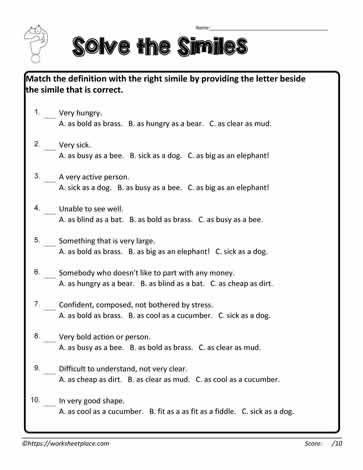 similes worksheet with answers pdf