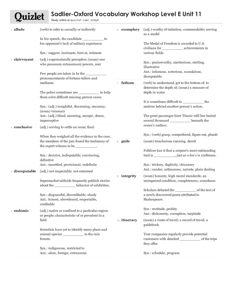 vocabulary unit 1 level e