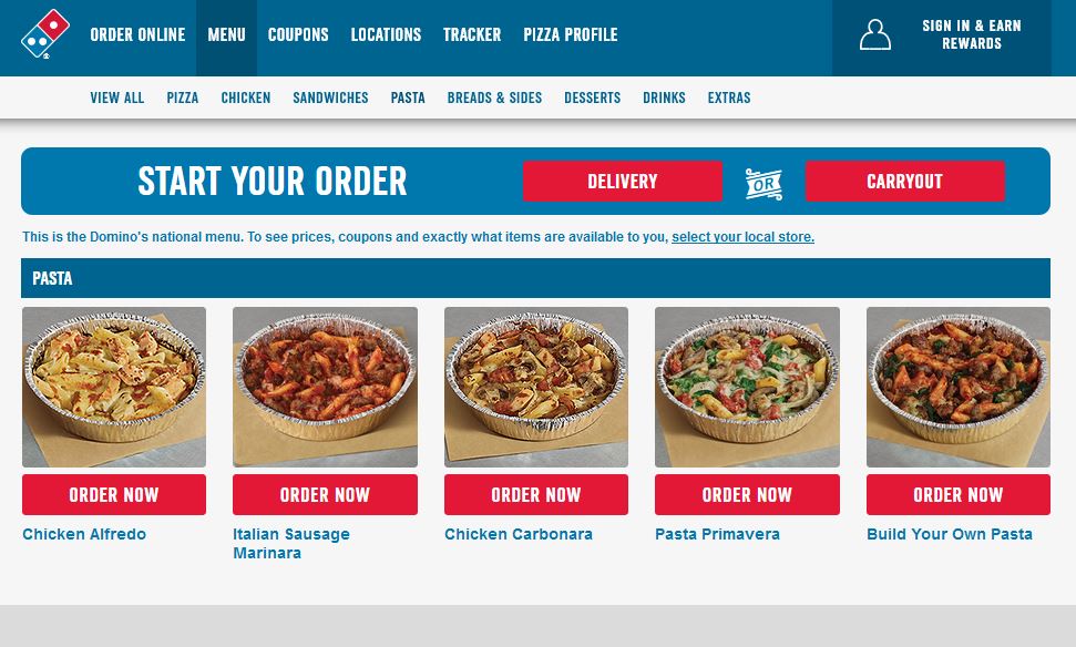 pasta dominos menu