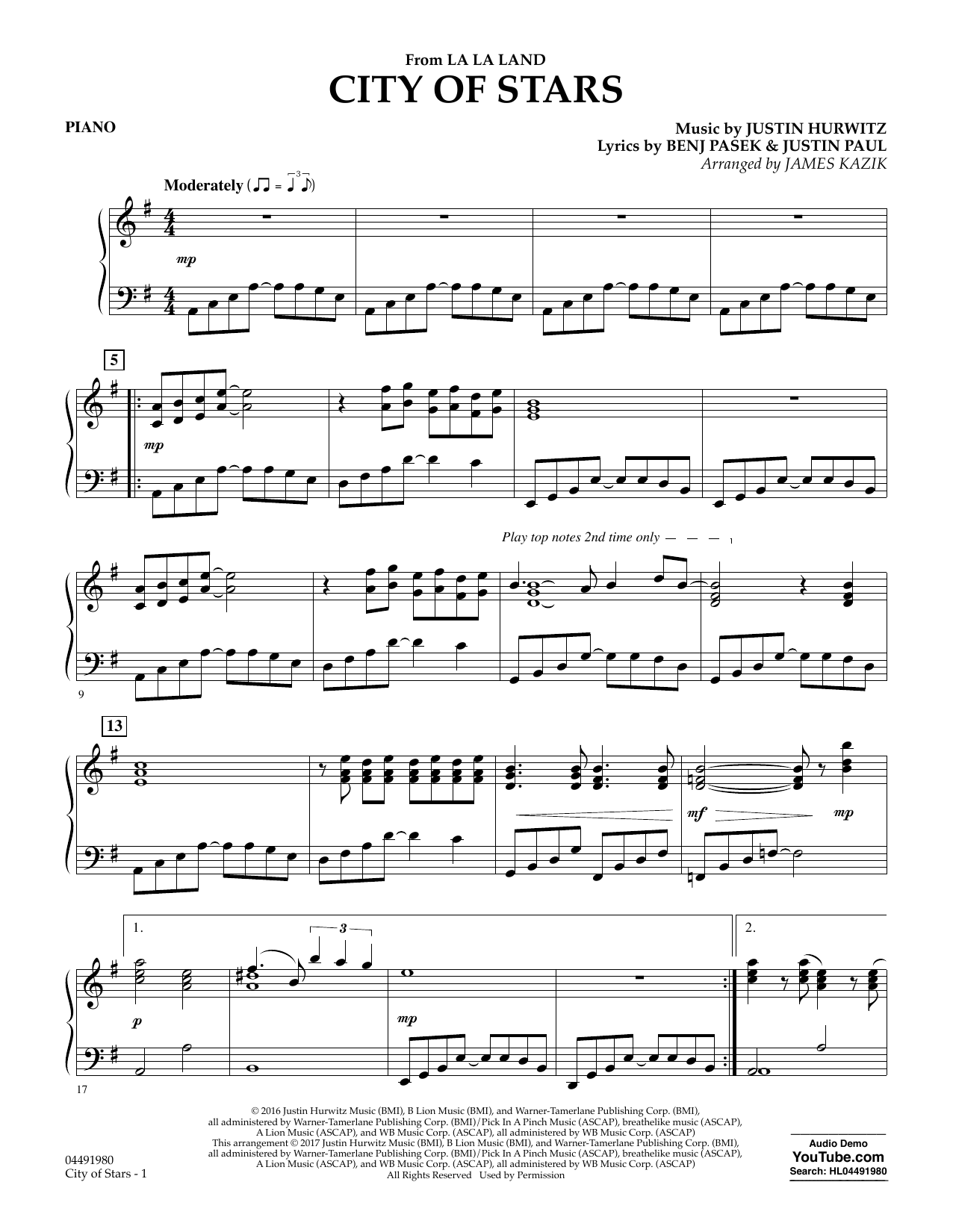 city of stars la la land piano sheet