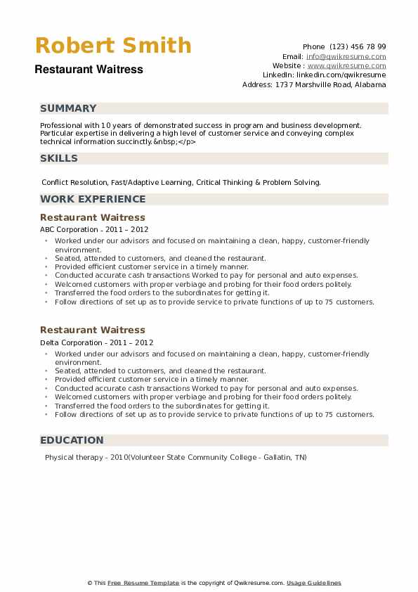 restaurant resume