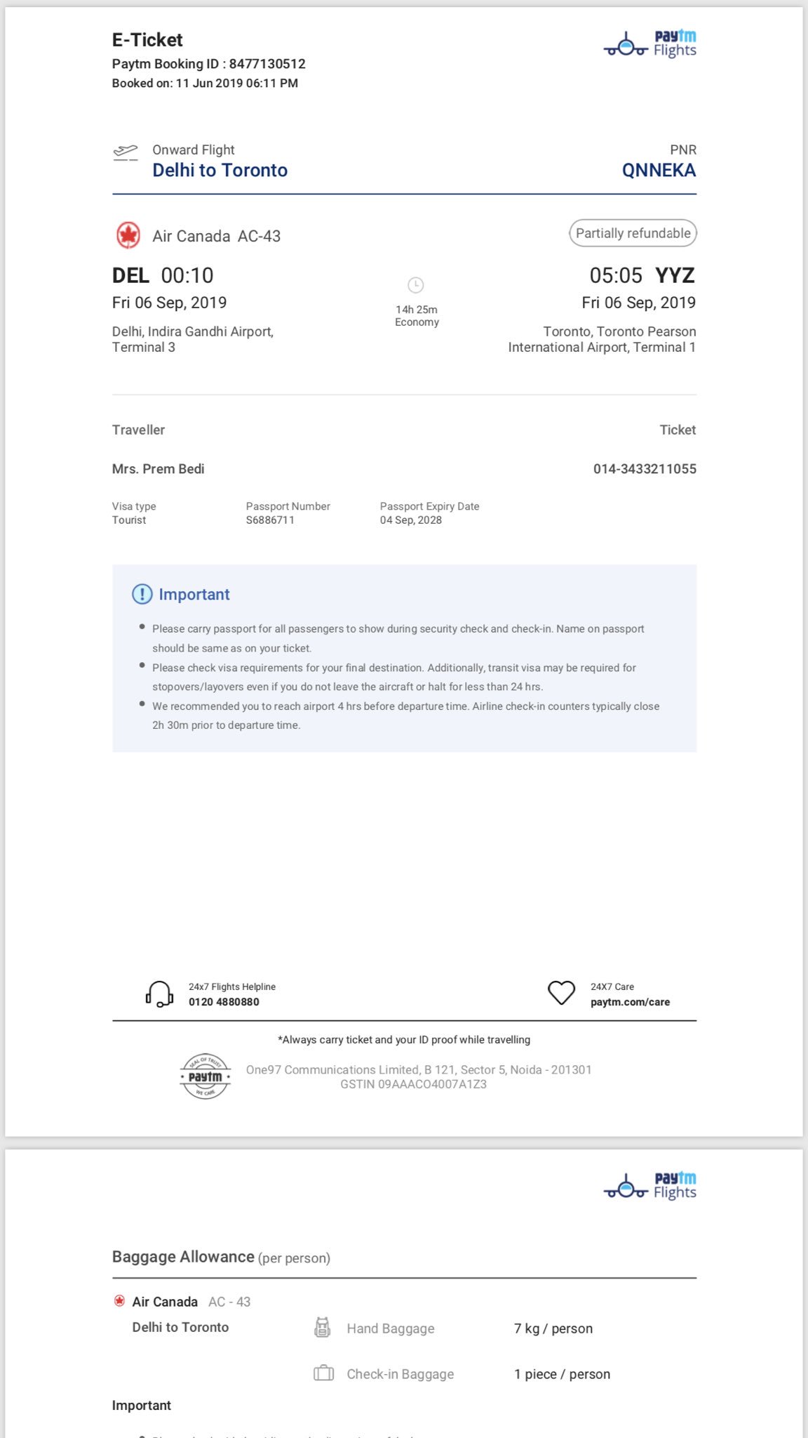 new delhi to toronto flight ticket