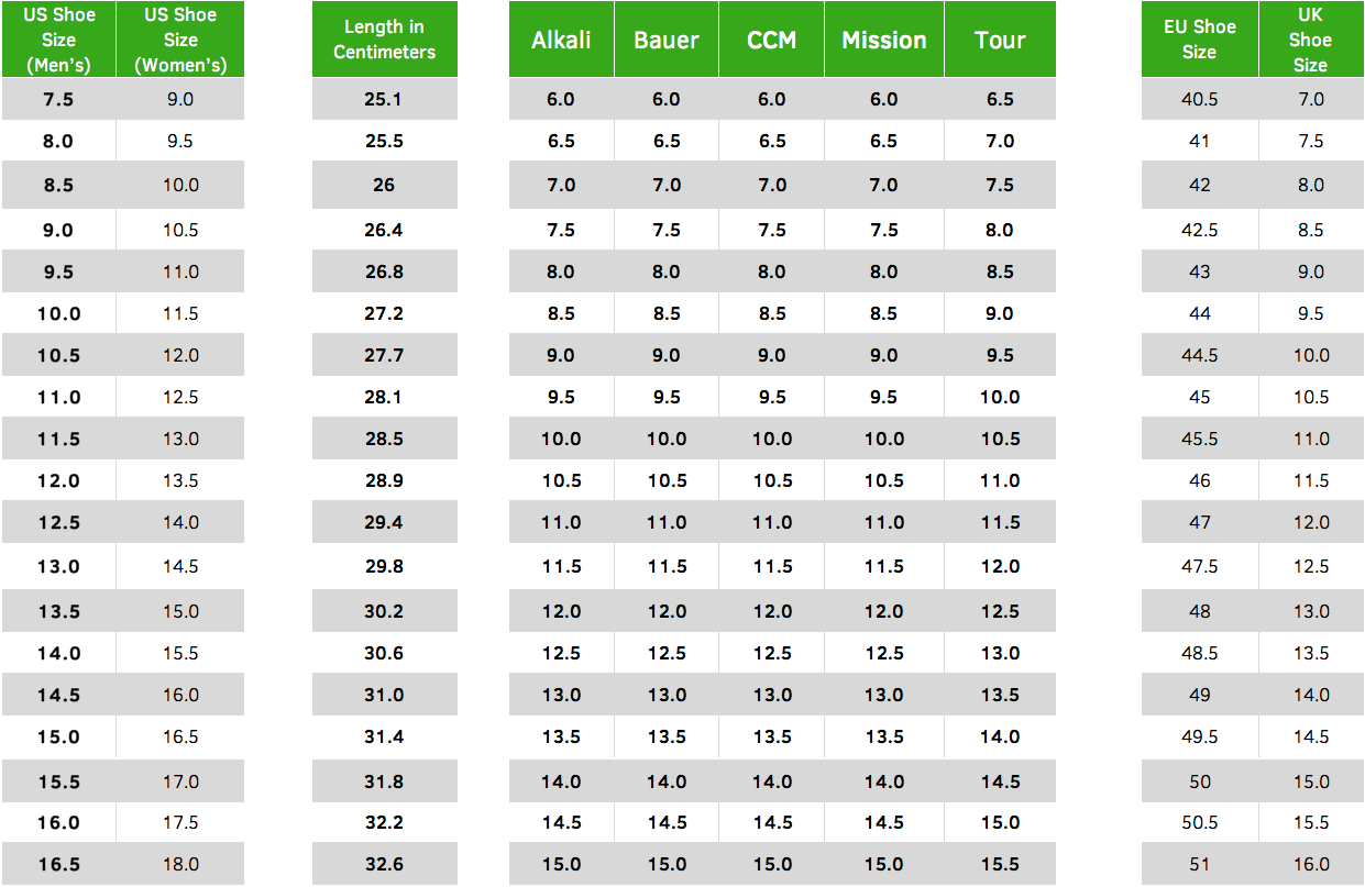 bauer skate sizing chart