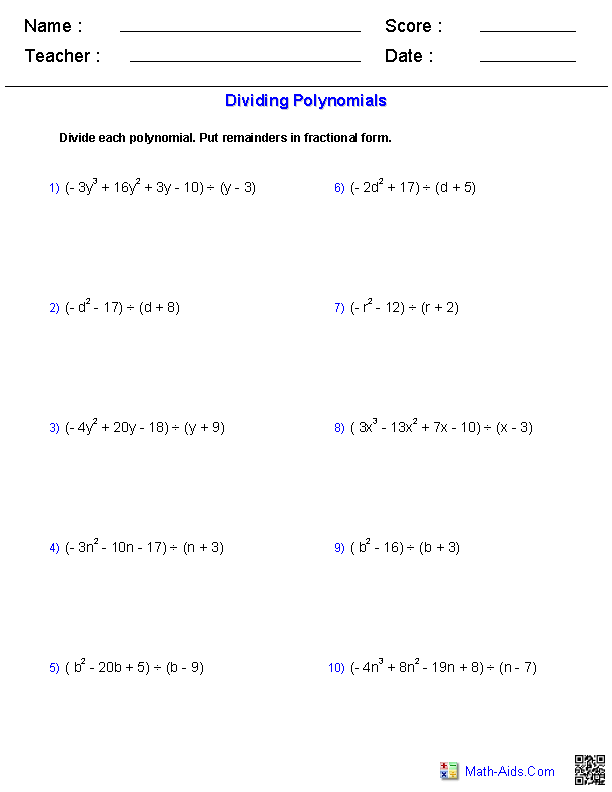 dividing polynomials worksheet answers