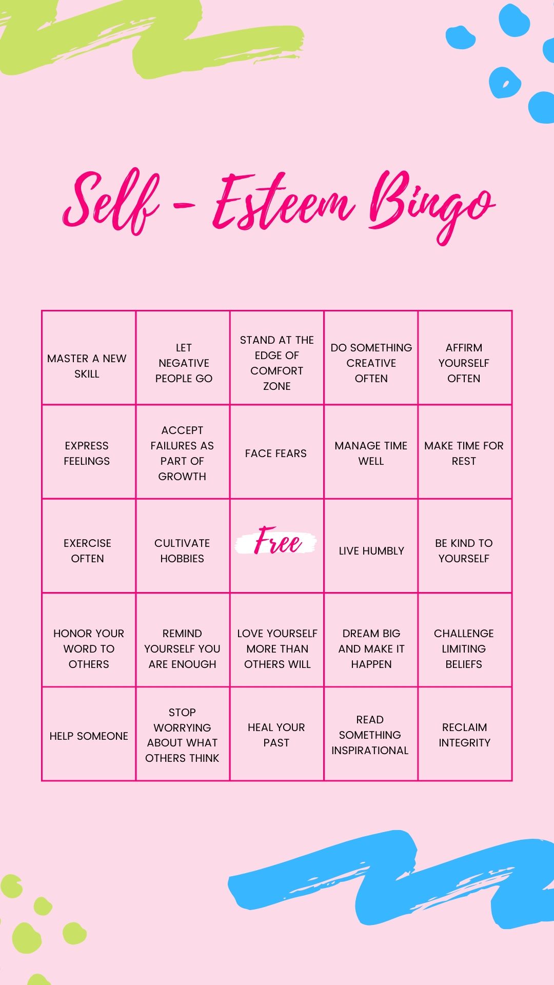 how to play self esteem bingo