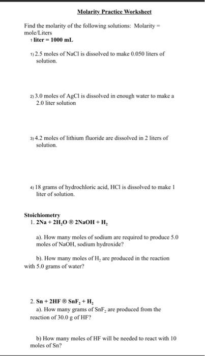 molarity problems worksheet