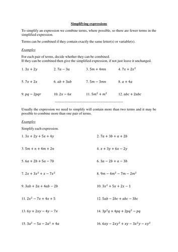 simplifying expressions worksheet