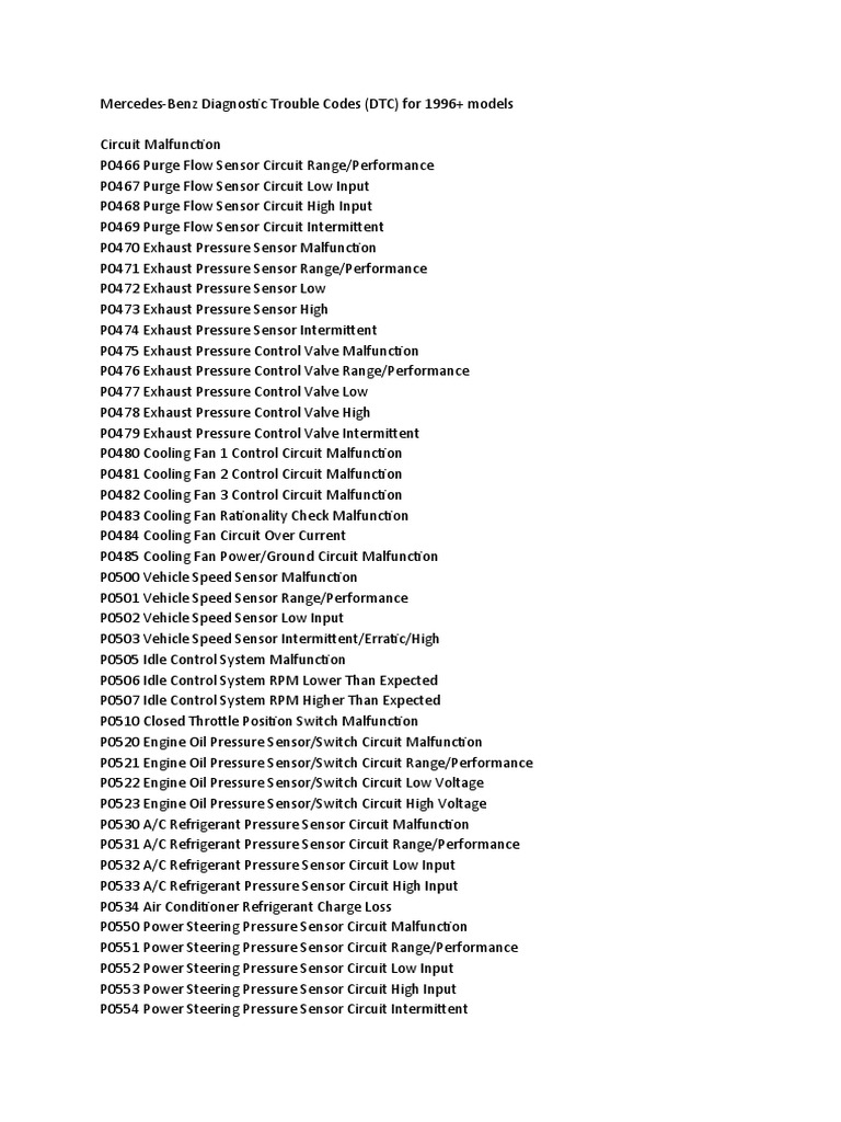 mercedes fault code list