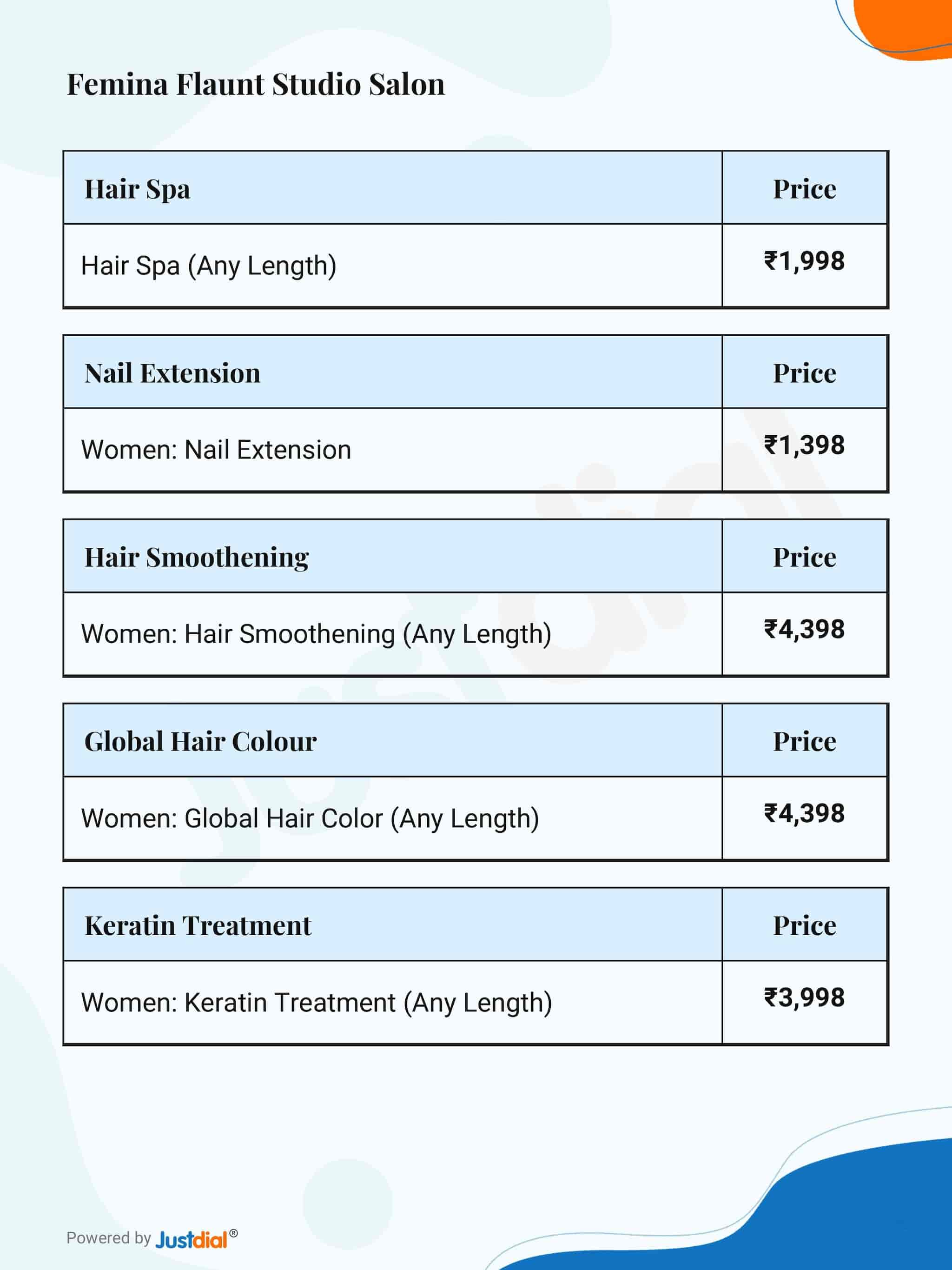 femina salon price list