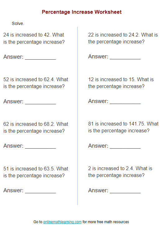 percent of increase decrease worksheet