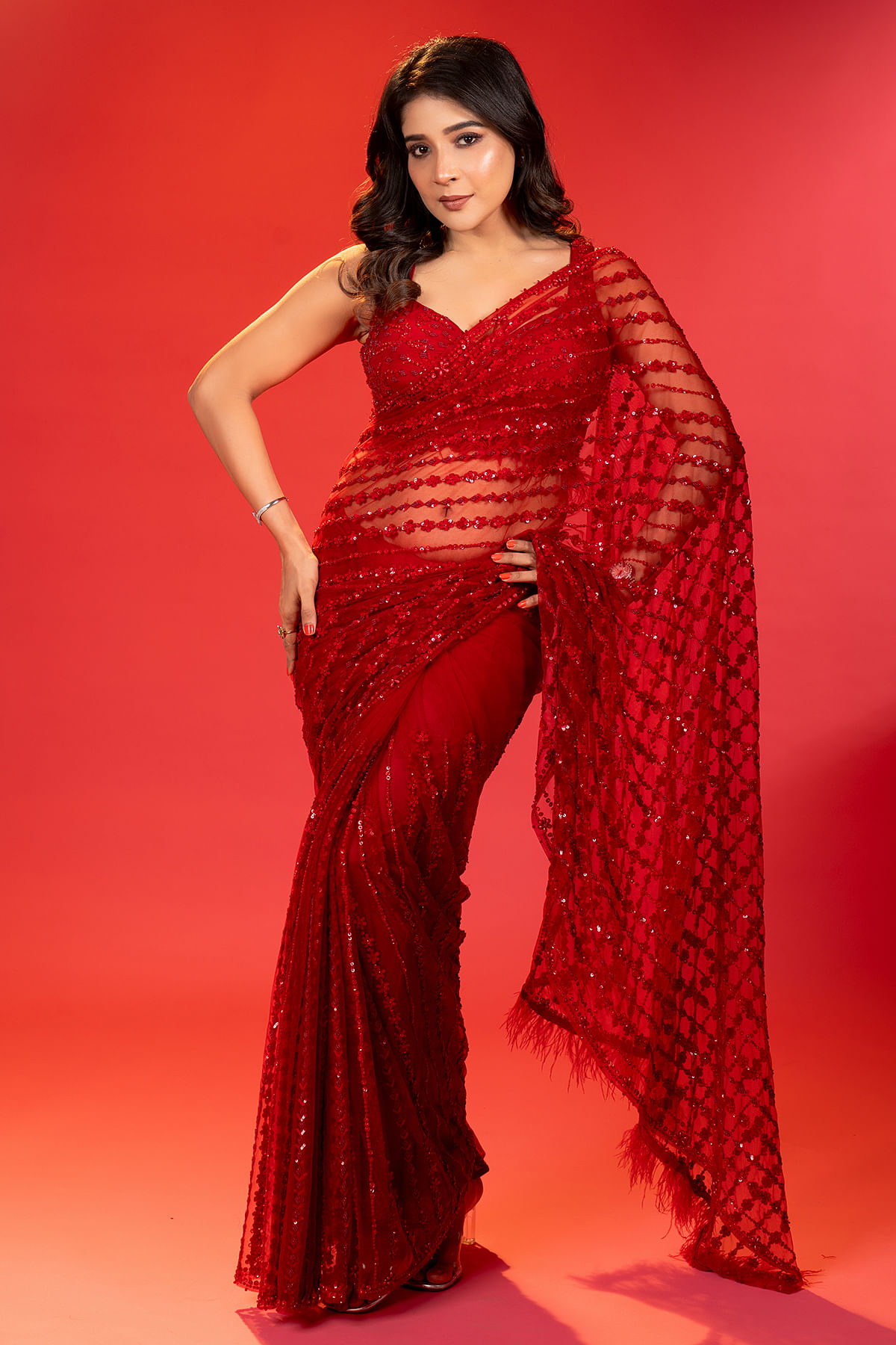 red transparent saree online