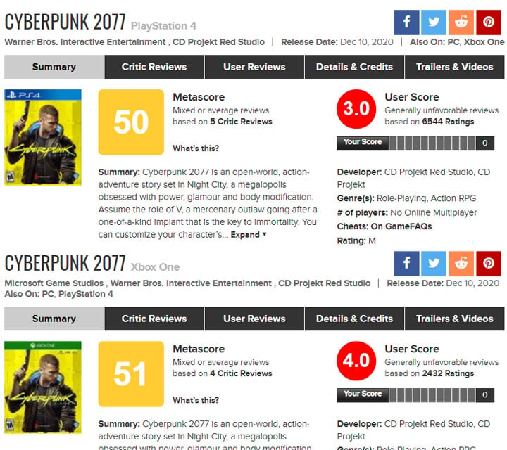 cyberpunk metacritic