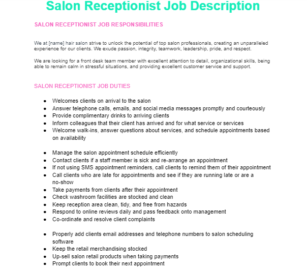 salon receptionist positions