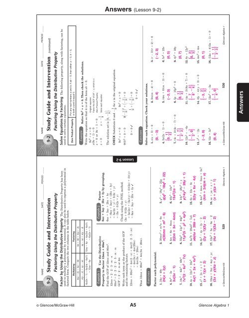 answer key for algebra 1 glencoe