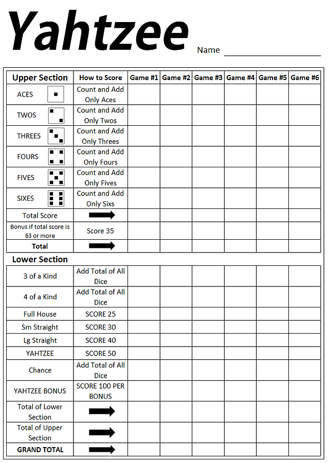 yahtzee game sheets